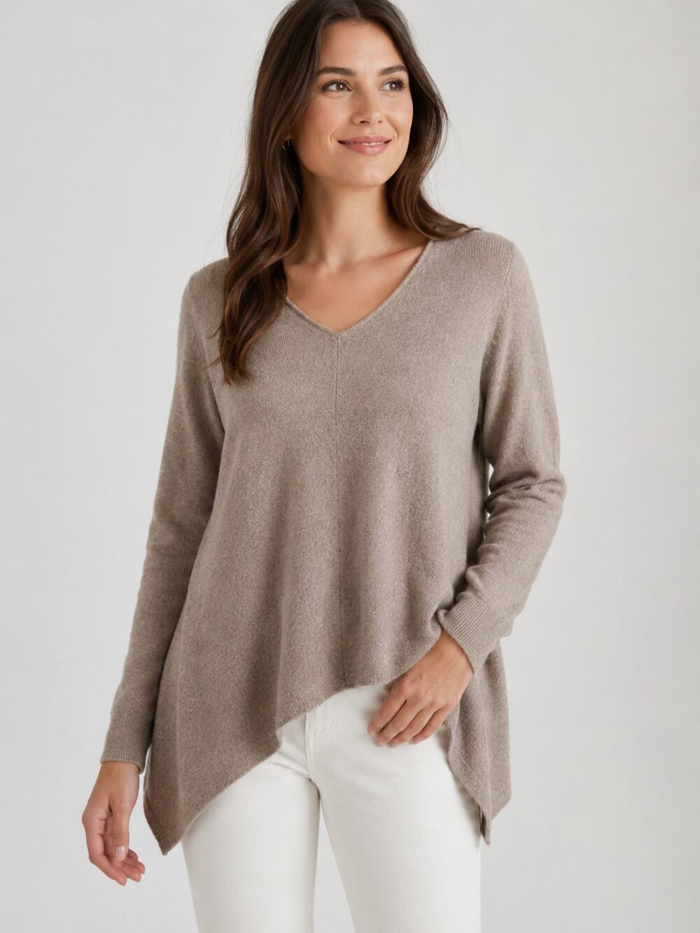 Garnet Hill SZ XS Cashmere V-Neck Sweater Modern Asymmetrical Hem LIght Brown